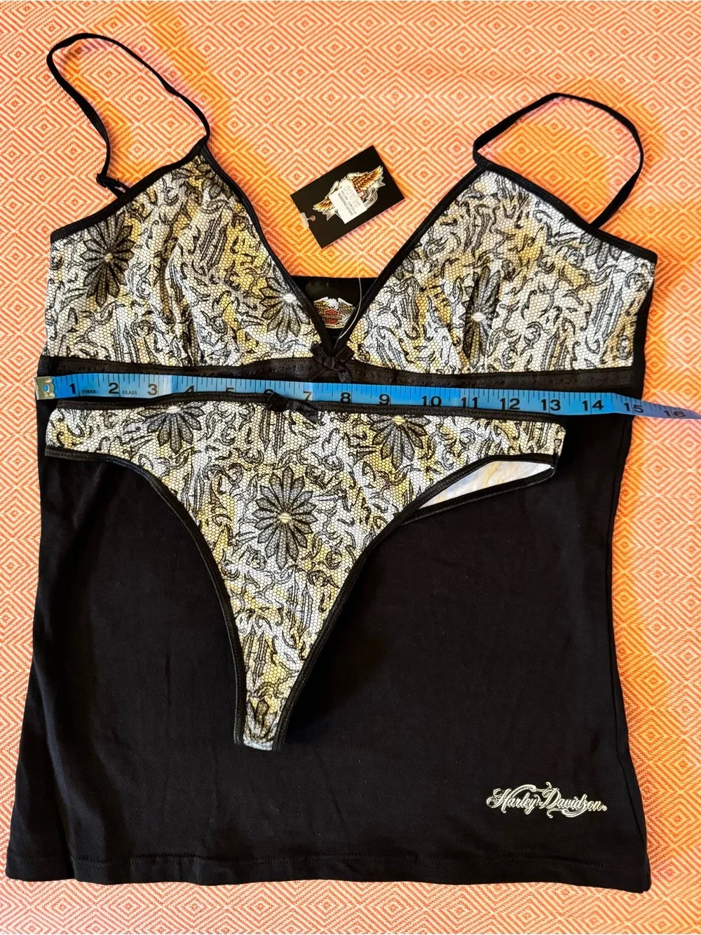 Harley-Davidson Black and cream Lace print, black Trim Bralette &  thong Set. - Picture 5 of 8